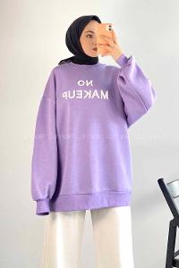 Modalamelif Bisiklet Yaka Yazı Nakışlı Oversize Sweat Lila