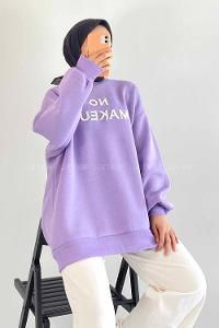 Modalamelif Bisiklet Yaka Yazı Nakışlı Oversize Sweat Lila