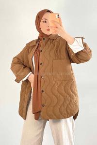 Modalamelif Çift Cepli Boydan Düğmeli Şişme Mont Kahverengi