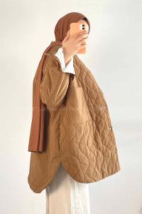 Modalamelif Çift Cepli Boydan Düğmeli Şişme Mont Kahverengi