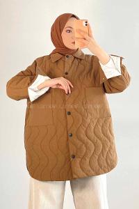 Modalamelif Çift Cepli Boydan Düğmeli Şişme Mont Kahverengi