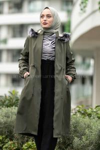 Modalamelif Çift Cepli Boydan Fermuarlı Kapüşonlu İçi Kürklü Mont Haki