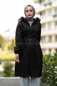 Modalamelif Çift Cepli Boydan Fermuarlı Kapüşonlu İçi Kürklü Mont Siyah