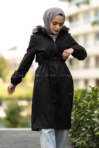 Modalamelif Çift Cepli Boydan Fermuarlı Kapüşonlu İçi Kürklü Mont Siyah