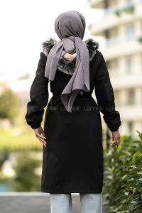 Modalamelif Çift Cepli Boydan Fermuarlı Kapüşonlu İçi Kürklü Mont Siyah