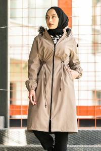 Modalamelif Çift Cepli Boydan Fermuarlı Kapüşonlu İçi Kürklü Mont Vizonrengi