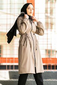 Modalamelif Çift Cepli Boydan Fermuarlı Kapüşonlu İçi Kürklü Mont Vizonrengi