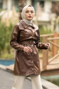 Modalamelif Çift Kapak Cepli Kemer Detaylı Boydan Düğmeli Deri Ceket  Acıkahve