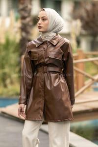 Modalamelif Çift Kapak Cepli Kemer Detaylı Boydan Düğmeli Deri Ceket  Acıkahve