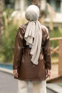 Modalamelif Çift Kapak Cepli Kemer Detaylı Boydan Düğmeli Deri Ceket  Acıkahve