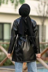 Modalamelif Çift Kapak Cepli Kemer Detaylı Boydan Düğmeli Deri Ceket Siyah