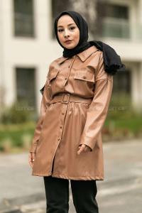 Modalamelif Çift Kapak Cepli Kemer Detaylı Boydan Düğmeli Deri Ceket Taba