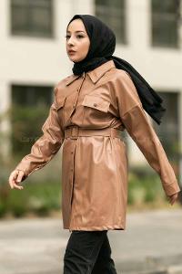 Modalamelif Çift Kapak Cepli Kemer Detaylı Boydan Düğmeli Deri Ceket Taba