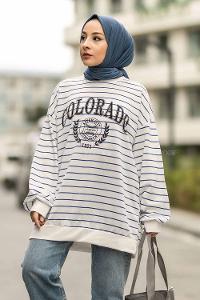 Modalamelif Colorado Yazı Baskılı Çizgi Desenli Sweat Beyaz-Mavi