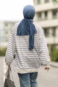 Modalamelif Colorado Yazı Baskılı Çizgi Desenli Sweat Beyaz-Mavi