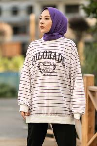 Modalamelif Colorado Yazı Baskılı Çizgi Desenli Sweat Beyaz-Mor