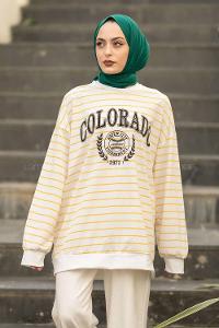 Modalamelif Colorado Yazı Baskılı Çizgi Desenli Sweat Beyaz-Sarı