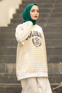 Modalamelif Colorado Yazı Baskılı Çizgi Desenli Sweat Beyaz-Sarı