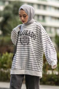 Modalamelif Colorado Yazı Baskılı Çizgi Desenli Sweat Beyaz-Siyah