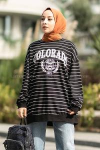 Modalamelif Colorado Yazı Baskılı Çizgi Desenli Sweat Siyah-Beyaz