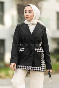 Modalamelif Düğme Detaylı Sırt Garnili Çift Cepli Trenç Siyah