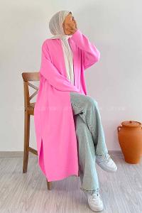 Modalamelif Düz Renk Triko Yırtmaçlı Hırka Pembe