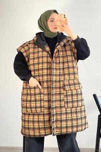 Modalamelif Ekose Desenli Kapşonlu Çift Kapak Cepli Şişme Yelek Sarı-Siyah