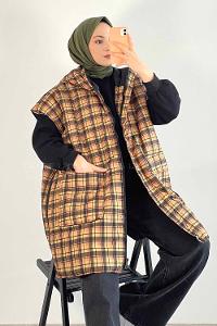 Modalamelif Ekose Desenli Kapşonlu Çift Kapak Cepli Şişme Yelek Sarı-Siyah