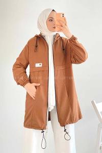 Modalamelif Kapüşon Detaylı Boydan Fermuarlı Hırka Taba