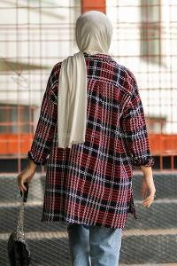 Modalamelif Kare Desenli Boydan Düğme Detaylı Yırtmaçlı Gömlek Kırmızı