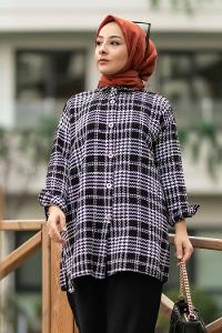Modalamelif Kare Desenli Boydan Düğme Detaylı Yırtmaçlı Gömlek Siyah