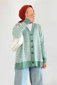 Modalamelif V Yaka Düğmeli Desenli Triko Hırka Çağla Yeşili