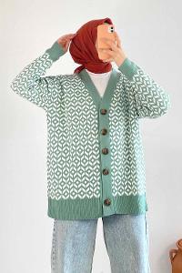 Modalamelif V Yaka Düğmeli Desenli Triko Hırka Çağla Yeşili