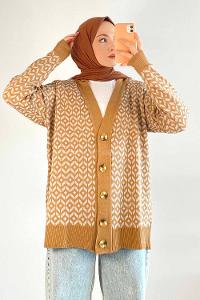 Modalamelif V Yaka Düğmeli Desenli Triko Hırka Camel