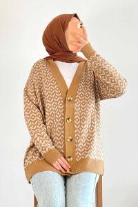 Modalamelif V Yaka Düğmeli Desenli Triko Hırka Camel