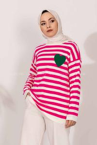 Modalamelif Yaka Çizgi Desenli Kalp Detaylı Kazak Pembe