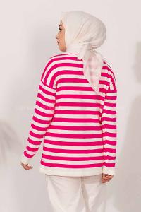 Modalamelif Yaka Çizgi Desenli Kalp Detaylı Kazak Pembe