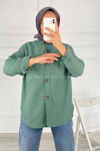 Modalamelif Çift Cepli Önü Boydan Düğmeli Salaş Ceket Çağla Yeşili
