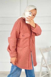 Modalamelif Çift Kapak Cepli Önü Boydan Düğmeli Yünlü Ceket Gül