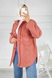 Modalamelif Çift Kapak Cepli Önü Boydan Düğmeli Yünlü Ceket Gül