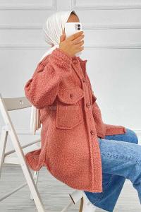 Modalamelif Çift Kapak Cepli Önü Boydan Düğmeli Yünlü Ceket Gül