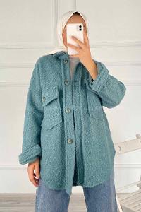 Modalamelif Çift Kapak Cepli Önü Boydan Düğmeli Yünlü Ceket Mint Yeşili