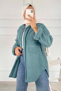 Modalamelif Çift Kapak Cepli Önü Boydan Düğmeli Yünlü Ceket Mint Yeşili