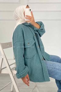Modalamelif Çift Kapak Cepli Önü Boydan Düğmeli Yünlü Ceket Mint Yeşili