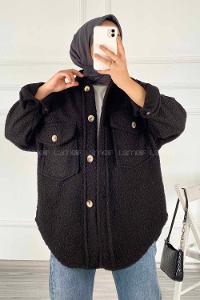 Modalamelif Çift Kapak Cepli Önü Boydan Düğmeli Yünlü Ceket Siyah