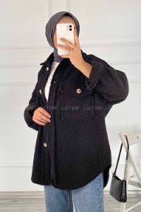 Modalamelif Çift Kapak Cepli Önü Boydan Düğmeli Yünlü Ceket Siyah