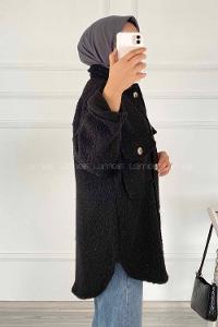 Modalamelif Çift Kapak Cepli Önü Boydan Düğmeli Yünlü Ceket Siyah