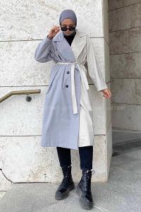 Modalamelif Çift Renk Garnili Sırt Yazı Baskılı Kuşaklı Trenç Gri-Taş