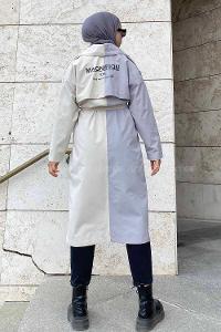 Modalamelif Çift Renk Garnili Sırt Yazı Baskılı Kuşaklı Trenç Gri-Taş