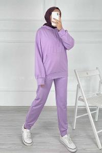 Modalamelif Kapüşon Detaylı Kanguru Cepli İkili Takım Lila